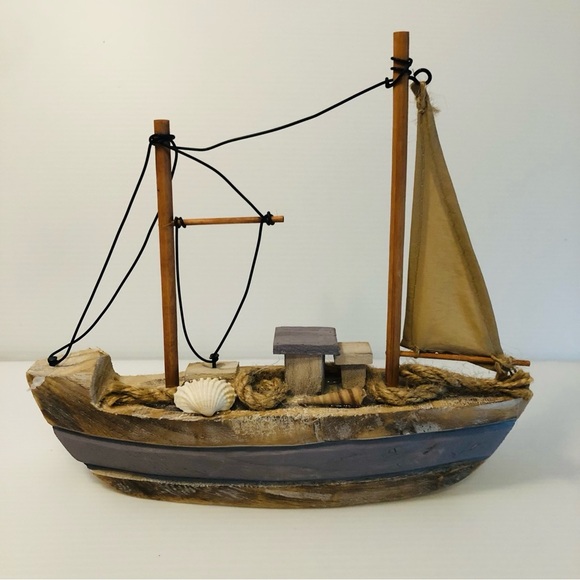Wooden Sailboat Small Sail Boat Decor Nautical Coastal Beach Fisherman Core - Picture 2 of 7